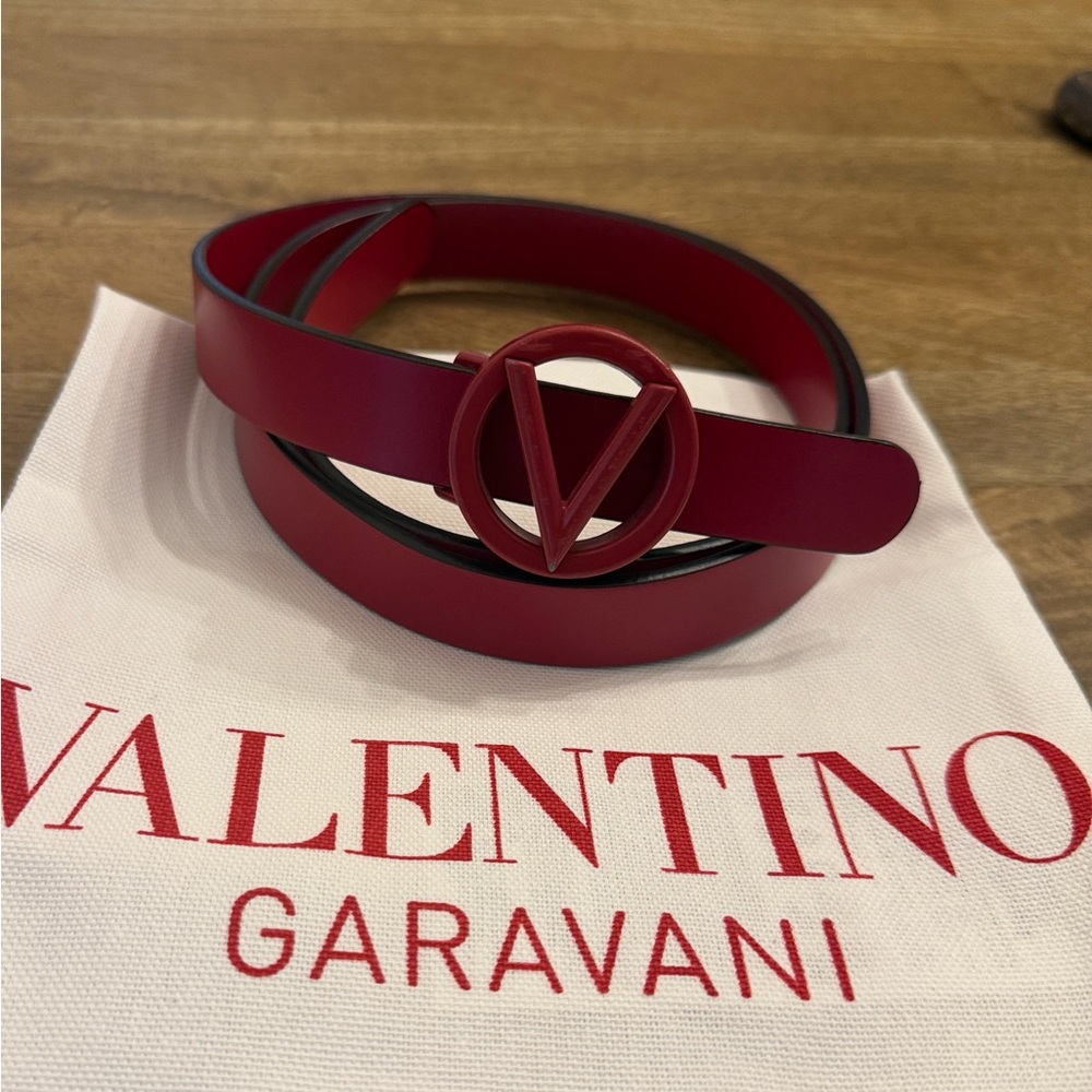 Valentino Red Leather Belt with Gold Logo Detail